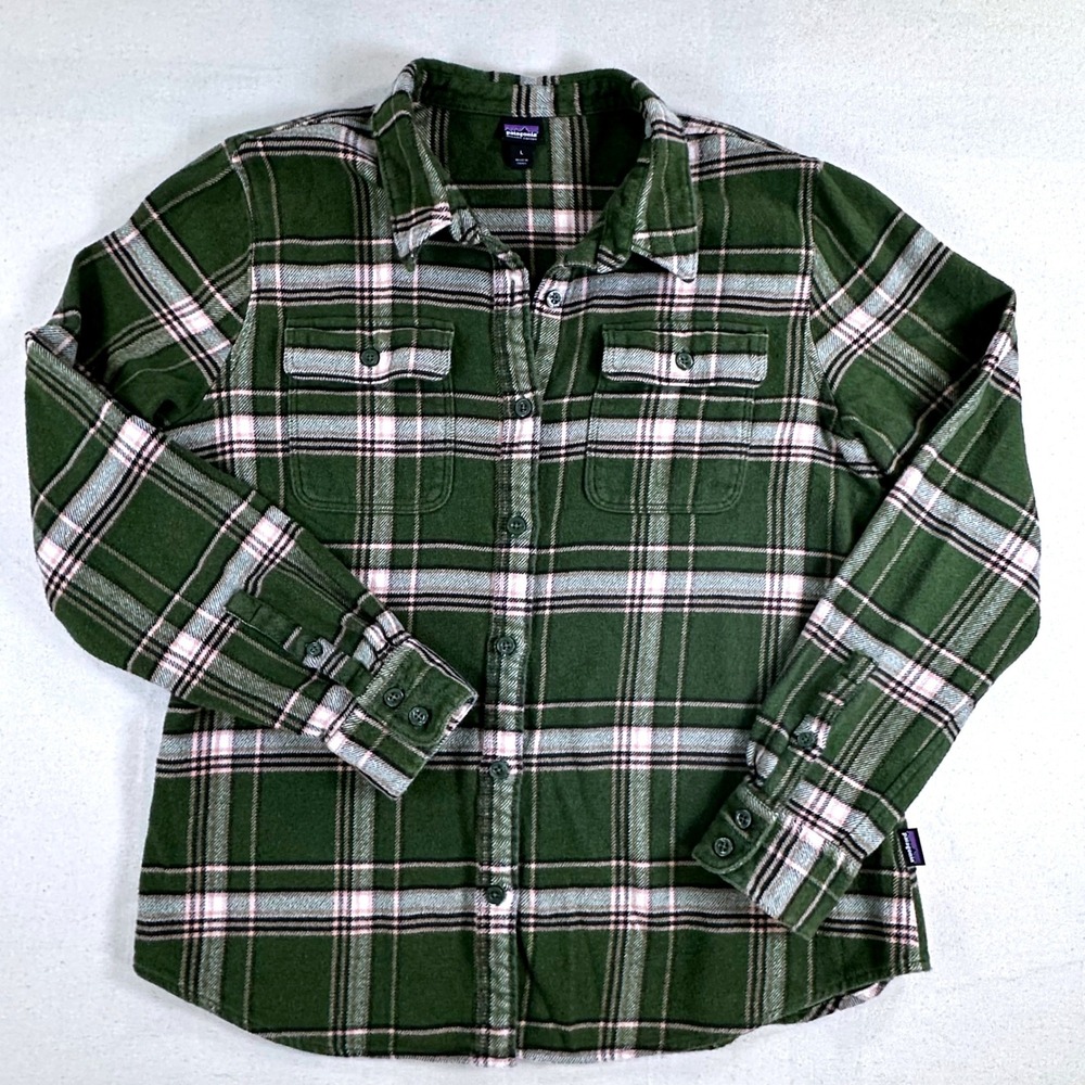 Patagonia Womens Organic Cotton Plaid Flannel Shirt Green Pink Large L